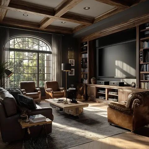 Cozy living room with leather sofas, large TV, bookshelves, and a sunlit window